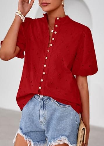 Lazysmile Summer Boho Tops for Women Short Sleeve V Neck Button Down Hollow Out Lace Embroidered Blouses Shirts - Thumbnail 5