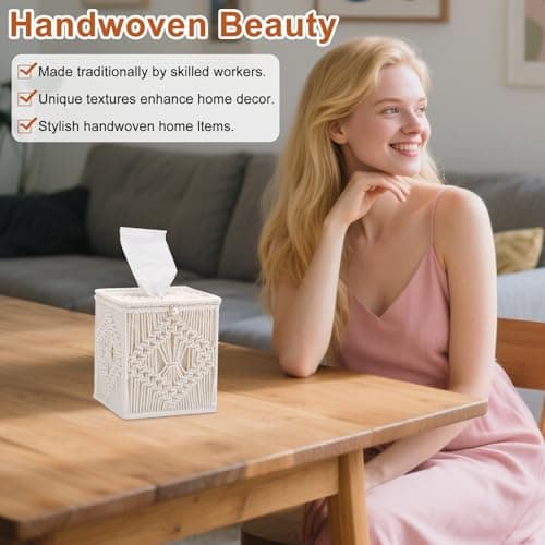 Macrame Tissue Box Cover, 6 Pack Square Boho Decor Tissue Holder, Handmade Woven Cotton Rope Organizer with Open Bottom for Bedroom, Bathroom, Living Room, Office - Ivory - Thumbnail 4