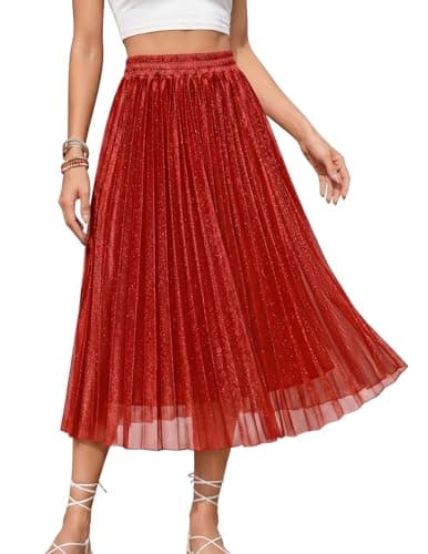 Gardenwed Pleated Midi Skirt for Women Aline Summer High Elastic Waisted Swing Skirts Plus Size with Lining 2026 Casual Work Vacation Red 2XL - Image 1
