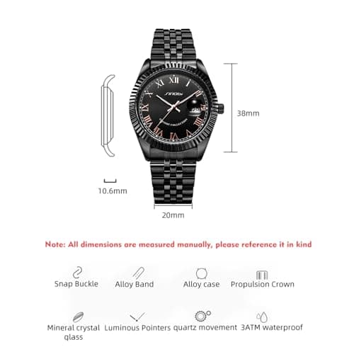 SINOBI Men's Luminous Hand Calendar Date Quartz Watch Classic Stainless Steel Watches for Men (Black) - Thumbnail 6