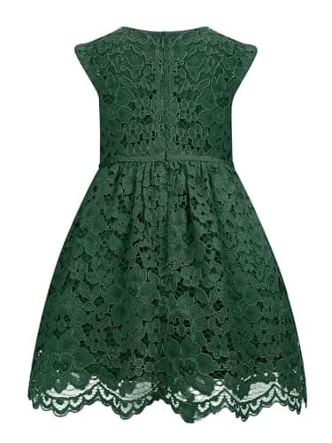 ALLOVIN Girls & Toddlers Sleeveless A-Line Lace Party Dress Birthday Wedding & Flower Girl Dress with Beaded Bowknot | Dark Green | 3-4T - Thumbnail 4