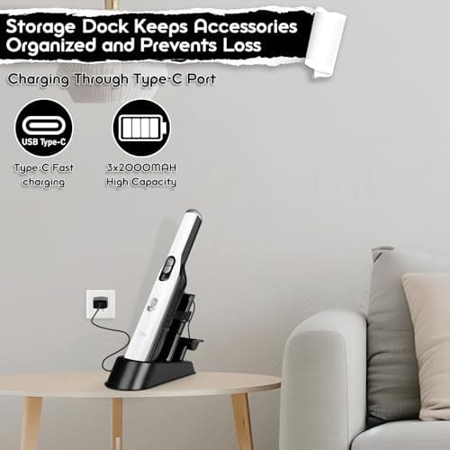 Handheld Cordless Vacuum Cleaner, Portable Car Vacuum with 18KPa Suction Power, Quick-Charge Hand Vac with LED Headlight & Storage Dock for Home Office Desk Keyboards Pet Hair, White - Thumbnail 5