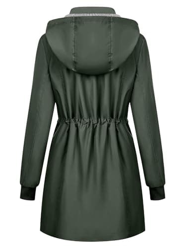 PITINAN Waterproof Jackets For Women Lined Womens Raincoats Waterproof With Hood Cute Womens Rain Jacket Long Rain Coats For Women Spring Fall Coats Dark Green M - Thumbnail 2