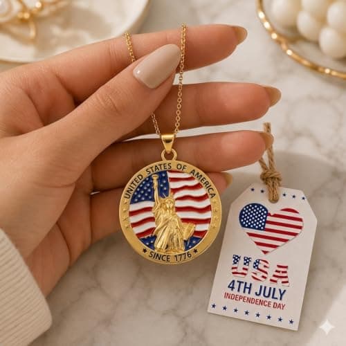 Uloveido United States Patriotic Necklace | 250th Anniversary USA 1776-2026 Pendant | Gold Plated Copper Statue of Liberty & Flag Jewelry | 2mm Stainless Steel O-Chain 45+5cm | Independence Day Gift for Men WomenYA7089 - Thumbnail 5