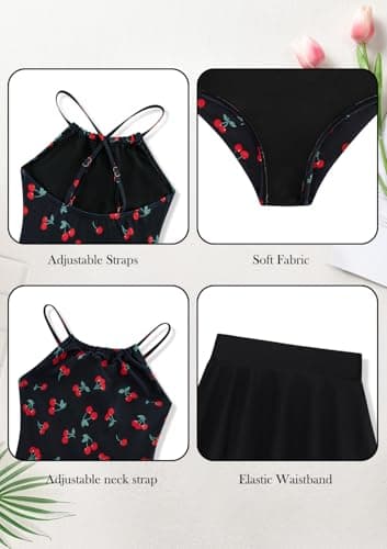 Seanrui Girls Kids Swimsuit One Piece Tankini Swimsuits Bathing Suit Swimwear Size 6 with Skirt Black Cherry - Thumbnail 5