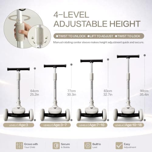 BEIESTATE 3 Wheel Scooter for Kids Ages 3-18, Up to 220 Lbs, Kids Scooter with Adjustable Lean-To-Steer Switch, Foldable, Lightweight, Wide Anti-Slip Deck, Adjustable Height Handlebar, Light-Up Wheels - Thumbnail 4