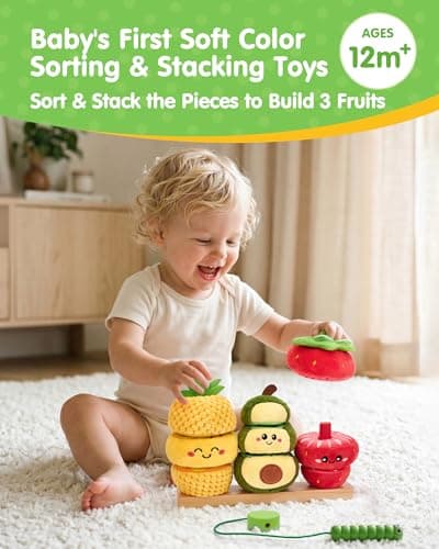 hahaland Stacking Rings Baby Toy - Soft Sorting & Stacking Fruits with Wooden Stacker, Threading Toy 12 Months+ Developmental Color Matching Montessori Toys 1 Year Old Boy 1st Birthday Girl Gifts - Thumbnail 2