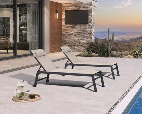 PURPLE LEAF Outdoor Oversized Lounge Chair Set of 3 Patio Chaise Pool Lounger Aluminum Frame with Side Table and Wheels for Outside Sunbathing Tanning Recliner Including Pillows Beige - Thumbnail 2