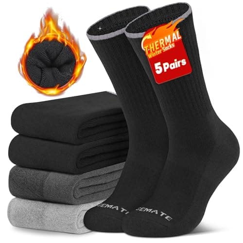 CLOSEMATE Mens Thermal Winter Crew Socks for Boots Thick and Warm for Cold Weather Work Hiking 5 Pairs(3 Black 1 Dark Grey 1 Light Grey, Size M) - Image 1