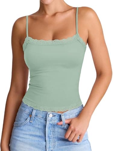 PINKMSTYLE Lace Cami Tank Tops for Women Square Neck Double Lined Tops Tight Spaghetti Strap Crop Summer Sleeveless Outfits Sage Green Medium - Image 1