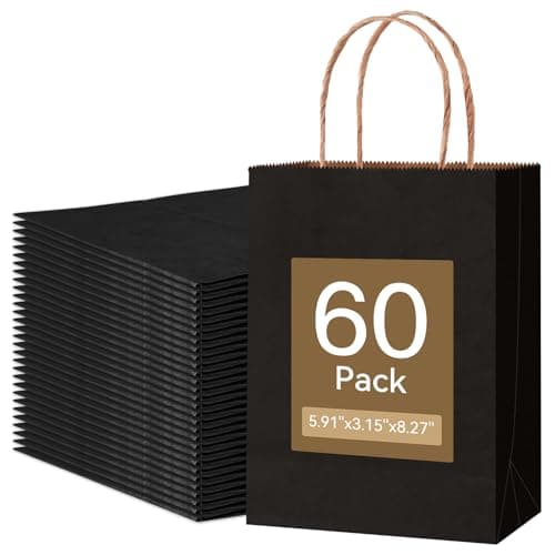 Qioxiou 60 Pack Black Gift Bags 5.91x3.15x8.27 Small Kraft Paper Gift Bags with Handles Bulk, Black Paper Sacks for Small Business, Retail, Shopping, Merchandise, Grocery, Wedding Birthday Party Favor - Image 1