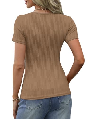 GKBK Fitted Short Sleeve Shirts for Women Ribbed Scoop Neck Fitted Tight Basic Tee Tshirts 2025 Spring Summer Tops Trendy Outfits Light Khaki S - Thumbnail 4