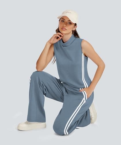 Casly Lamiit Lounge Wear for Women 2 Piece Set Travel Outfits Casual Sweat Suit Track Activewear Mock Neck Sleeveless Top Wide Leg Pants Grey Blue 2XL - Thumbnail 6