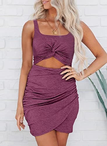 Acelitt Summer Dresses for Women 2025 Cut Out Twist Front Ruched Wrap Bodycon Sleeveless Party Club Mini Dress Beach Sundress Red Large - Thumbnail 3