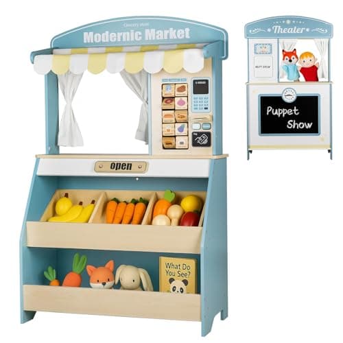 DREAM BUILDING Kids Grocery Store Pretend Play, Puppet Theater&Grocery Store Playset Toy Double-Sided, Toddler Supermarket Toy Cash Register w/Blackboard, Display Shelves, Gift for Boys Girls, Blue - Image 1