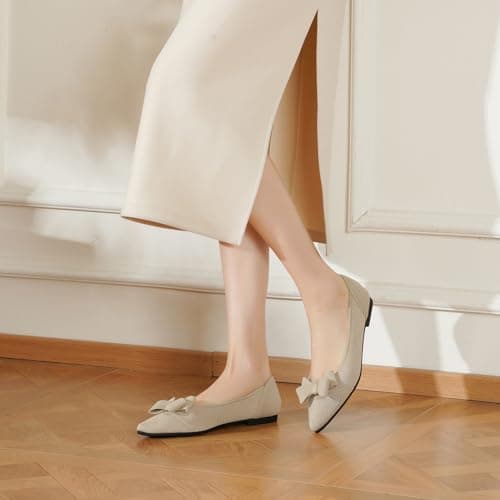 AHZEHRSE Ballet Flats Shoes for Womens Dress Shoes Comfortable Flats Shoes Pointed Toe Soft Casual Work Classic Dressy Wedding Shoes Knit Flats with Bow Beige - Thumbnail 3
