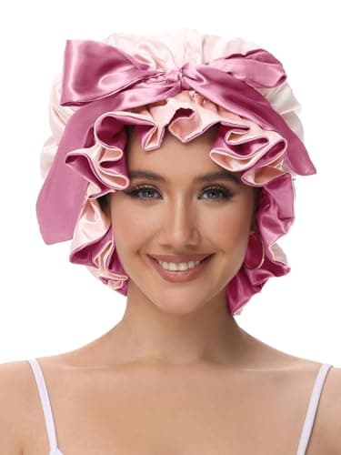 Vettres Bonnet for Sleeping, Satin Silk Hair Shower Cap Women 2026 Tie Band Adjustable Straps Head Wrap for Curly Hair Pink F - Thumbnail 2