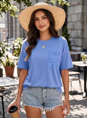 Dokotoo Womens Summer Tops Oversized Lace Cute Lace Short Sleeves Casual T-Shirts 2026 Tops Loose Fit Solid Color Plus Size Blouses Basic Tee Tops Beach Vacation Outfits,Sky Blue Medium - Thumbnail 2