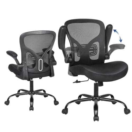 Ermnois Office Chair Ergonomic with PU Leather Seat, Swivel Mesh Back Home Office Desk Chair with Lumbar Support, Adjustable Computer Task Chair with Comfy Flip-up Armrest, Black - Image 1