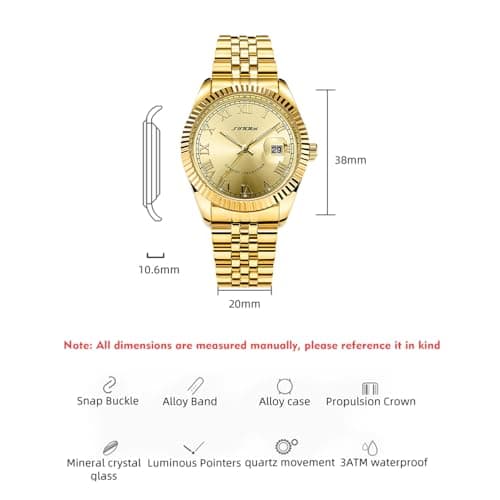 SINOBI Men's Luminous Hand Calendar Date Quartz Watch Classic Stainless Steel Watches for Men (Gold) - Thumbnail 6