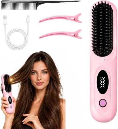Go Brush Pro for Short Hair, Hair Straightener Brush for Women, 2026 Upgraded Cordless Ceramic Straightening for Home Travel, Portable Electric Hot Comb, 4000mAh Type-C Rechargeable
