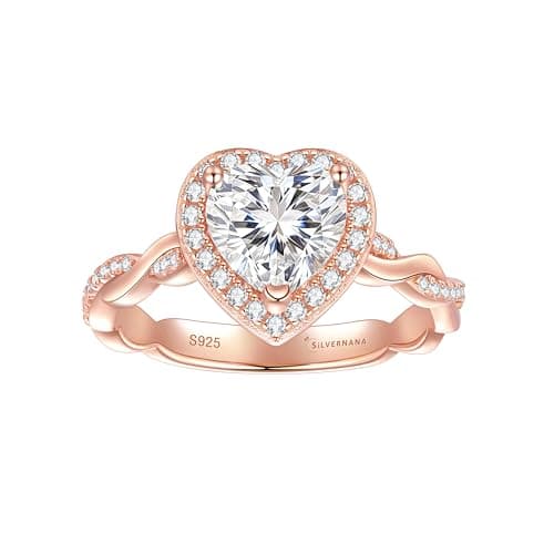 SILVERNANA 1.5ct Heart Cut Moissanite Engagement Ring for Women Rose Gold Plated Sterling Silver Twisted Vine Heart Halo Promise Ring Size 7