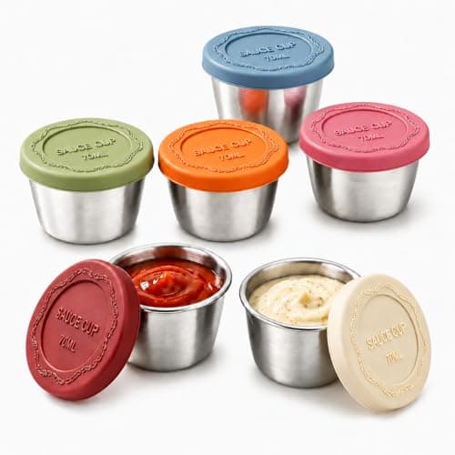 Newception 6pcs 2.4oz Stainless Steel Condiment Cups with Leak-Proof Lids - Perfect for salads, dips, and sauces. Portable design ideal for picnics, travel, and meal prep. Reusable & easy to clean