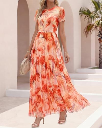 BTFBM Spring Dresses for Women 2026 Formal Short Sleeve Floral Homecoming Dress Maxi Wedding Guest Vacation Outfits(Floral Orange Red,XX-Large) - Thumbnail 6