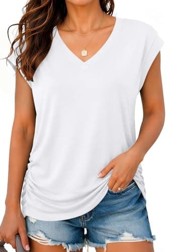 Bliwov Womens Summer Tops Business Casual Cap Sleeve V Neck T Shirts Trendy Outfits Beach Vacation Clothes Fashion Blouses 3XL White - Image 1