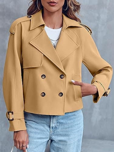 Saodimallsu Women Crop Double Breasted Trench Coat Raglan Sleeve Work Office Cropped Jacket With Pockets - Thumbnail 3