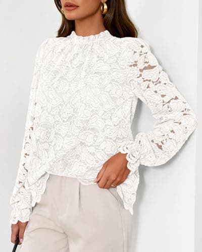 KIRUNDO Blouses for Women Dressy Casual Lace Long Sleeve Tops Mock Neck Ruffle Shirts 2026 Spring Fall Fashion Clothing(White, X-Large) - Thumbnail 5