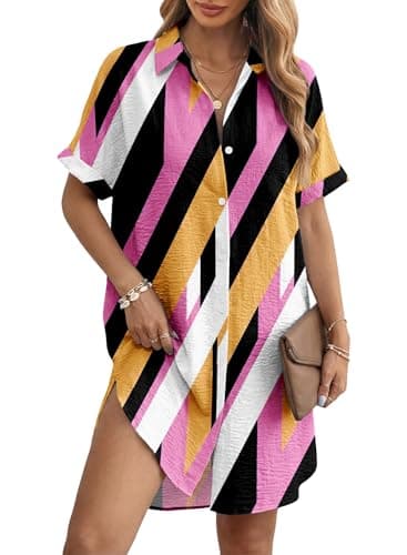 Magritta Womens Bikini Coverup Lightweight Breathable Button Down Short Sleeve Shirt Dress Pink Yellow Stripe Slim Fit Beach Outfit for Daily Style S - Image 1