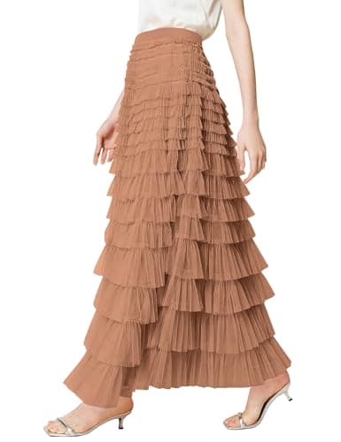 Women's Tulle Maxi Skirt High Waist Elastic Tiered Ruffle A-Line Flowy Party Wedding Guest Skirts Comfortable Daily Wear(Khaiki-M) - Image 1