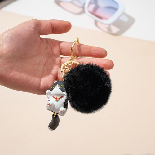 Jekvill Cat Keychain Pom Pom KeyChain Cute Keychains for Women Bag Charms Kawaii Cat Backpacks Accessories bag charms - Thumbnail 6