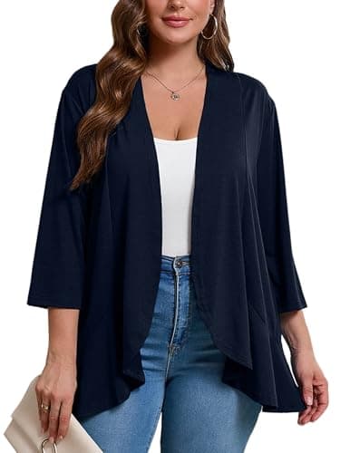AusLook Women's Plus Size 3/4 Sleeve Lightweight Open Front Cardigan Navy Blue 5X Draped Ruffles Causal Cover Ups Shrugs Tops Shawls and Wraps Kimono Jacket Coat - Image 1