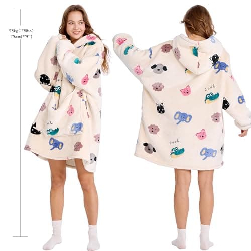 Aemilas Wearable Blanket Hoodie Gifts for Women and Men, Comfy Sherpa Hoodies Blankets Sweatshirt for Adult Teens Girls & Boys with Big Pocket, Cartoon Animal Print - Thumbnail 2