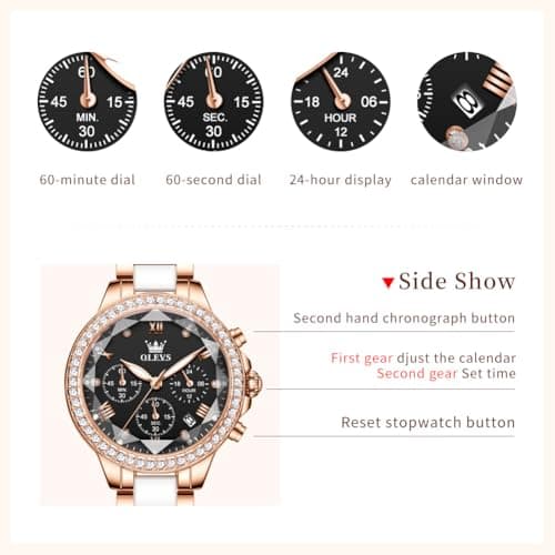 OLEVS Ladies Luxury Watch Black Mother of Pearl Dial Rose Gold Ceramic Stainless Steel Band Diamond Accents Women's Dress Watch Chronograph Elegant Ladies Waterproof Watches Fashion Quartz Watches - Thumbnail 5