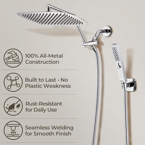 G-Promise All Metal 12 Inches Rain Shower Head with Handheld Spray Combo Build-in Power Wash Mode, Ideal for Modern Bathroom Upgrade (1.8 GPM) - Thumbnail 4