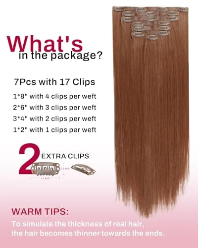 Moresoo Seamless Clip in Hair Extensions Light Copper Clip in Hair Extensions Real Human Hair Natural Luster Human Hair Clips in Extensions Remy Hair for Thin Hair 20inch 120g 7pcs - Thumbnail 3