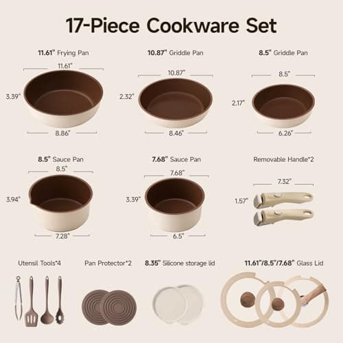 Filbee 17-Piece RV Pots and Pans Set with Detachable Handle, Stackable Nonstick Cookware Set, Thickened Base Brown Cookware Set, Ceramic Pots and Pans Set for Camper(PFOS, PFOA Free) - Thumbnail 2