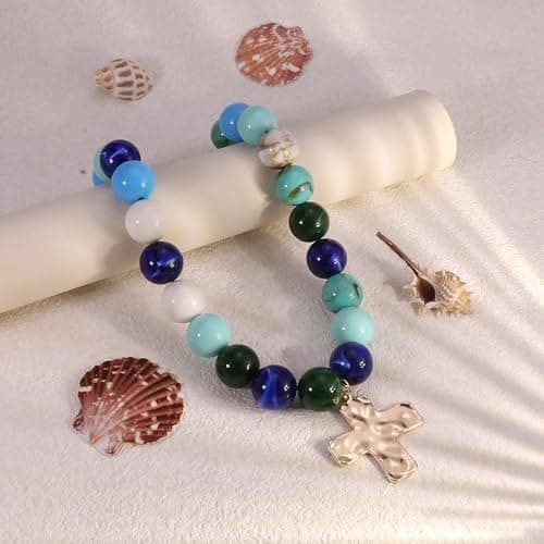 ANGLEQUEEN Chunky Beaded Necklace for Women, Gold Cross Large Colorful Resin Boho Statement Necklace, Summer Beach Daily Dress Jewelry (Cross-B) - Thumbnail 6