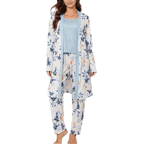 Eternatastic Women's 3 Piece Knit Lounge Set Pajama Long Sleeve Cardigan Sleeveless Top Pants Pjs Sets S Blue Floral