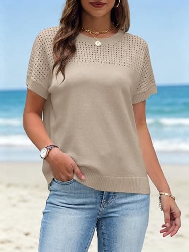 Womens Spring Crochet Knit Tops Lightweight Summer Short Sleeve Sweater Cap Sleeve T Shirts Blouses Khaki, S - Thumbnail 5