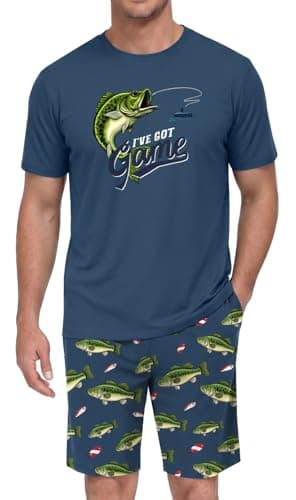PrinStory Men's I've Got Game Pajama Set, Bass Fish Graphic Tee and Printed Shorts, Novelty Sleepwear Loungewear Set for Home, Fishing Gift, Blue L - Image 1