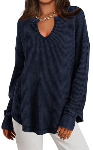 PRETTYGARDEN Womens Fall Fashion 2026 Waffle Knit Long Sleeve Tunic Tops for Women Loose Fit Dressy Casual V Neck Shirts (Navy, Large) - Image 1