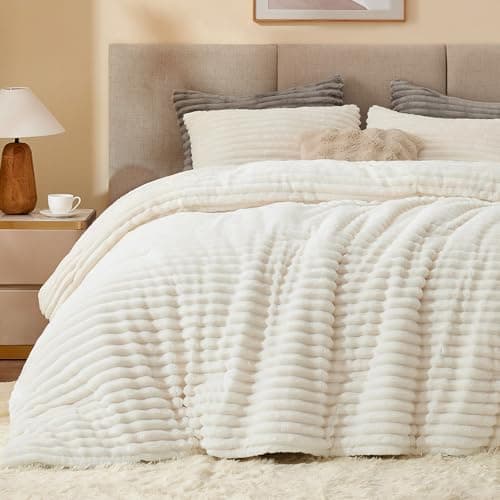 BEDELITE Fleece Full Comforter Set -Super Soft & Warm Fluffy Cream White Bedding, Luxury Fuzzy Heavy Bed Set for Winter with 2 Pillow Cases - Image 1