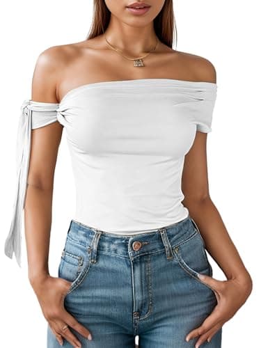 Off The Shoulder Tops for Women - Tie Shoulder Ruched Going Out Slim Fit Solid Y2K Tops White - Image 1