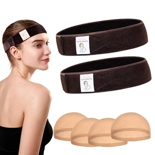 HappClan Wig Grip Band, Non-Slip Velvet Headband for Wigs, Adjustable Comfort Wig Band for Women, 2 Pack with 4 Caps, Fits All Head Sizes & Big Heads, Brown - Image 1