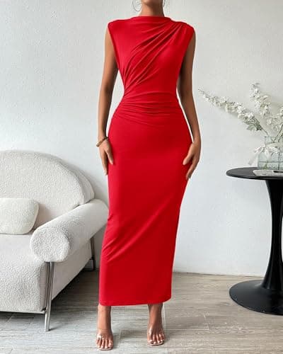 BTFBM Women's Ruched Bodycon Dress Summer Casual Sleeveless Lightweight Back Slit Elegant Club Party Cocktail Maxi Dresses(Red, Medium) - Thumbnail 2