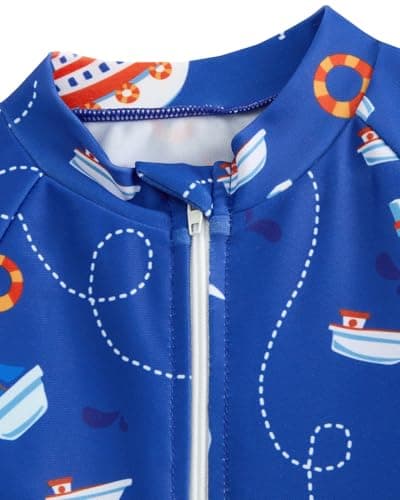 JiAmy Toddler Baby Boy Swimsuit with Sun Hat Long Sleeve Zipper Rash Guard Sun Protection Beach One Piece Bathing Suit Navy Blue 12-18 Months - Thumbnail 5